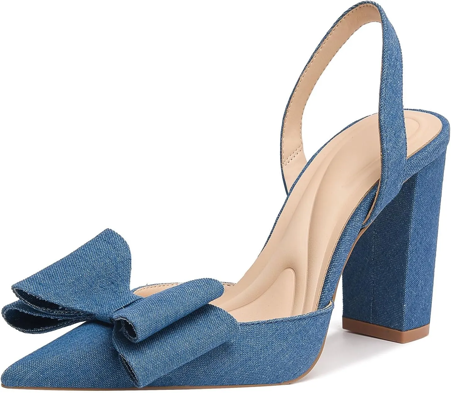 GOSERCE Denim Chunky Heels Sandals for Women with Blue Bow Slingback Closed Pointed Toe Slip On High Heels Comfortable Dress Heeled Shoes Party Graduation Prom Lady Pumps