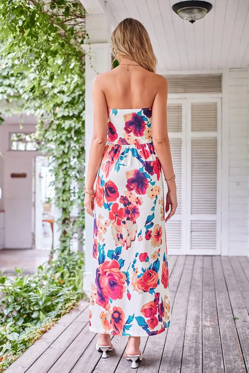 GRACE KARIN Women Strapless Casual Loose Ruched Long Maxi Dress with Pockets