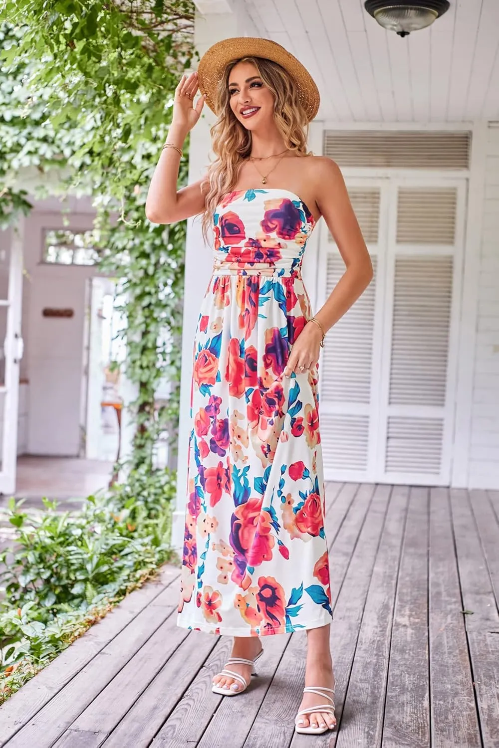 GRACE KARIN Women Strapless Casual Loose Ruched Long Maxi Dress with Pockets