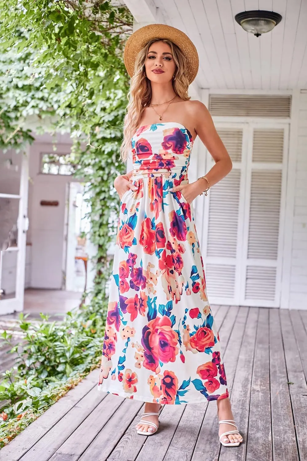 GRACE KARIN Women Strapless Casual Loose Ruched Long Maxi Dress with Pockets