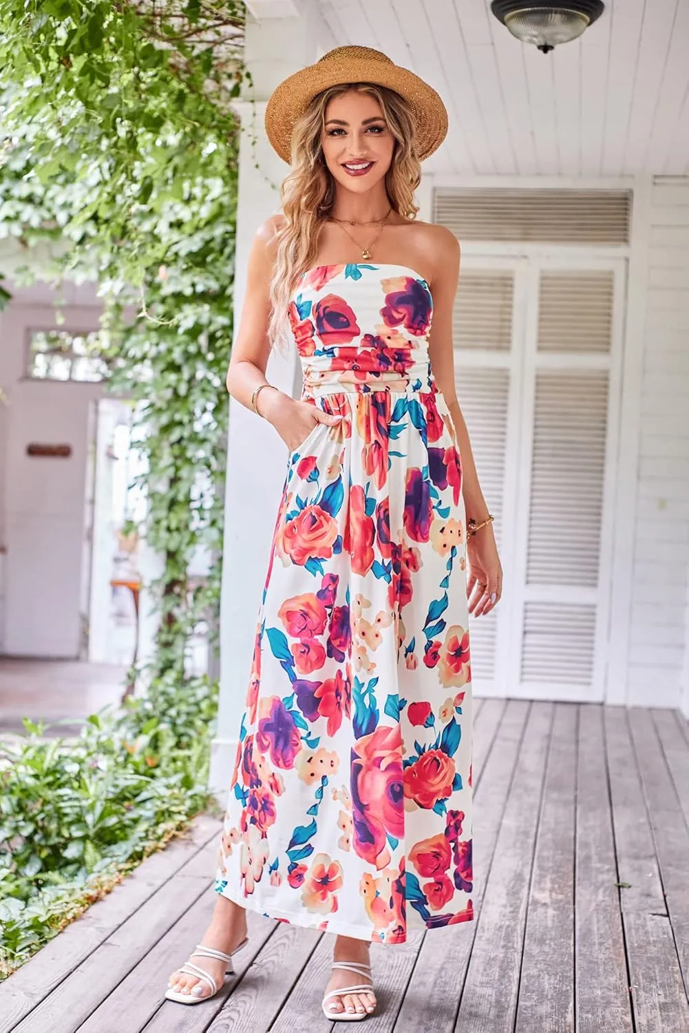 GRACE KARIN Women Strapless Casual Loose Ruched Long Maxi Dress with Pockets