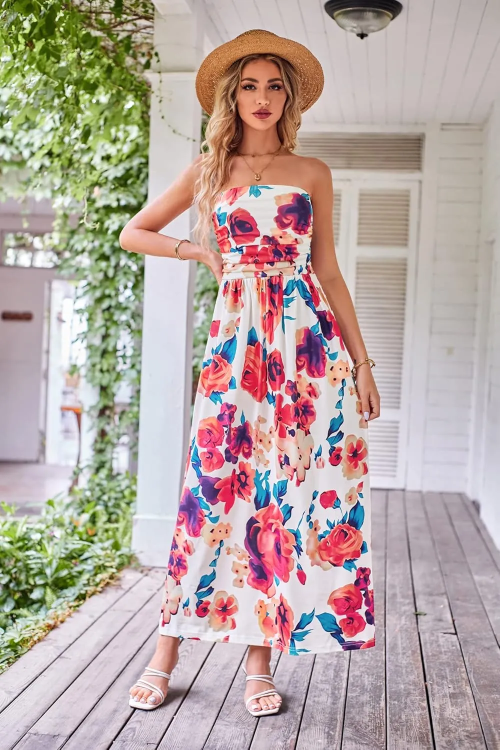 GRACE KARIN Women Strapless Casual Loose Ruched Long Maxi Dress with Pockets