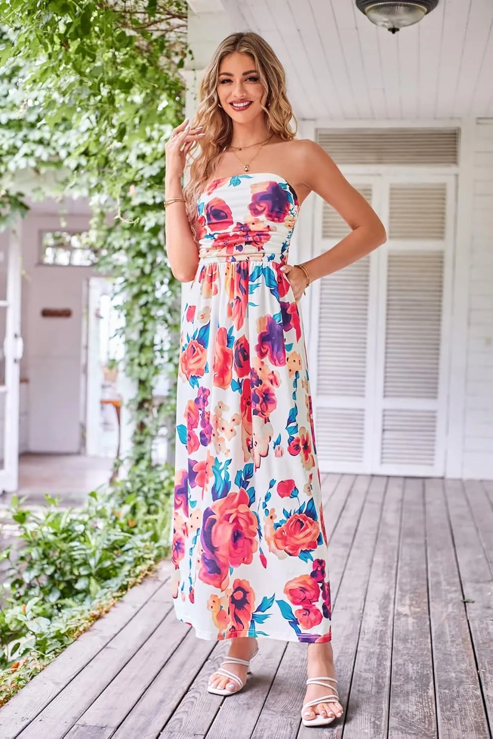 GRACE KARIN Women Strapless Casual Loose Ruched Long Maxi Dress with Pockets