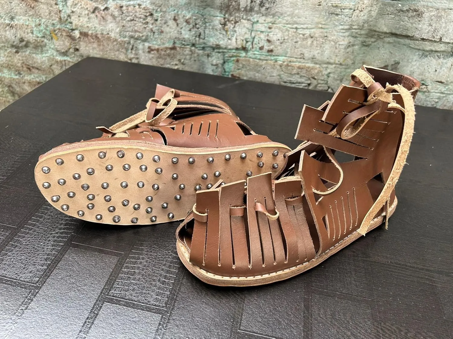 Handmade roman leather caligae Handmade leather caligae sandals Roman legion boots replica Leather lace-up sandals roman Dark brown New Historical reenactment footwear (US 12)