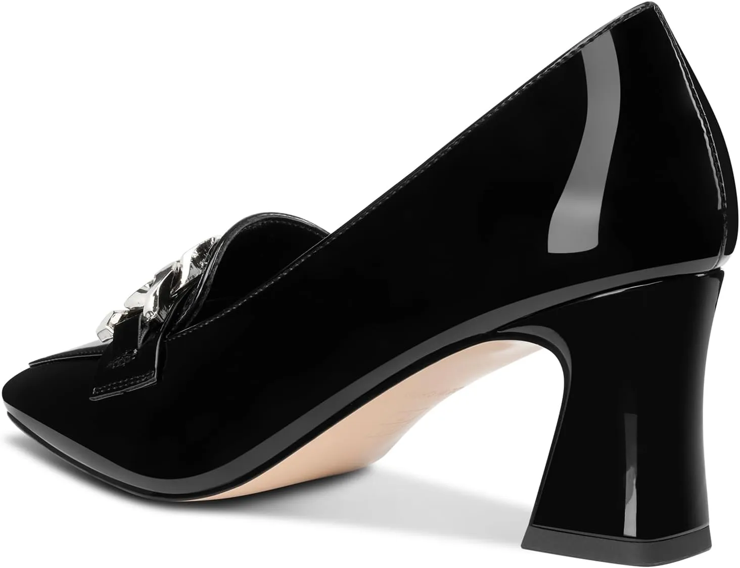 HDEUOLM Womens Heeled Loafers for Women Chunky Block Mid Heel Square Toe Pumps Loafers Shoes Slip-on Metal Chain Office Classic 2.8 Inches Heels