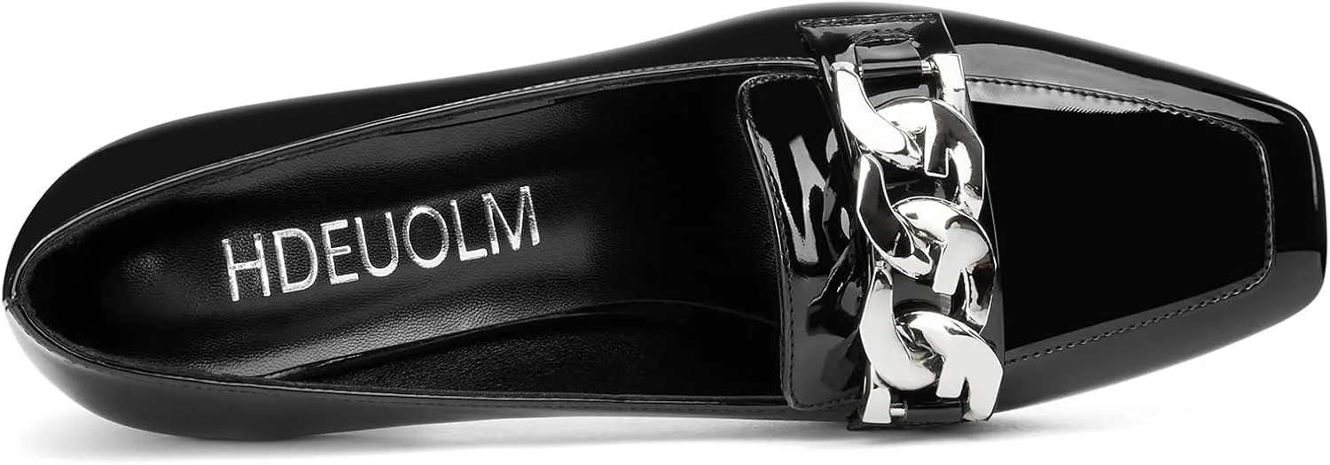 HDEUOLM Womens Heeled Loafers for Women Chunky Block Mid Heel Square Toe Pumps Loafers Shoes Slip-on Metal Chain Office Classic 2.8 Inches Heels