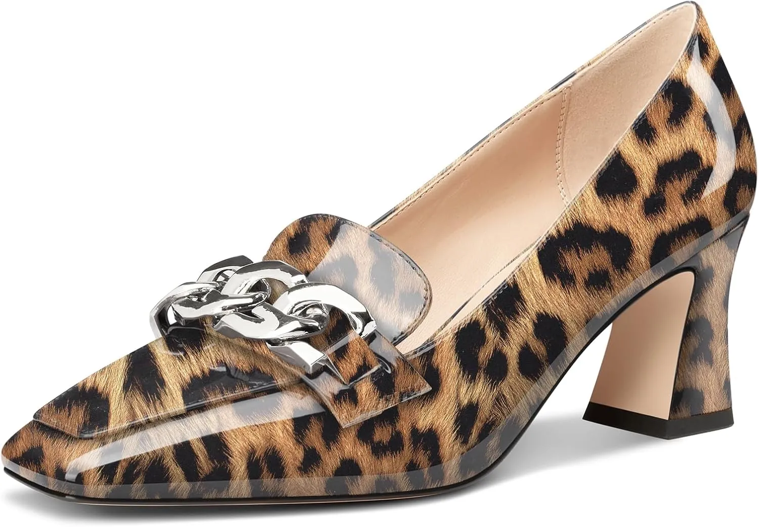 HDEUOLM Womens Heeled Loafers for Women Chunky Block Mid Heel Square Toe Pumps Loafers Shoes Slip-on Metal Chain Office Classic 2.8 Inches Heels