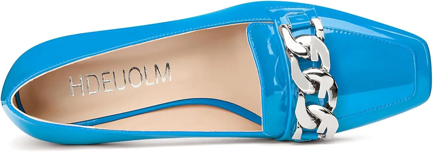 HDEUOLM Womens Heeled Loafers for Women Chunky Block Mid Heel Square Toe Pumps Loafers Shoes Slip-on Metal Chain Office Classic 2.8 Inches Heels