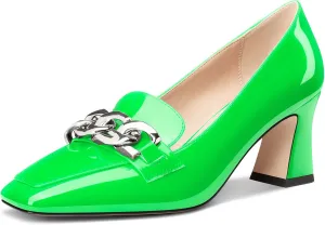 HDEUOLM Womens Heeled Loafers for Women Chunky Block Mid Heel Square Toe Pumps Loafers Shoes Slip-on Metal Chain Office Classic 2.8 Inches Heels