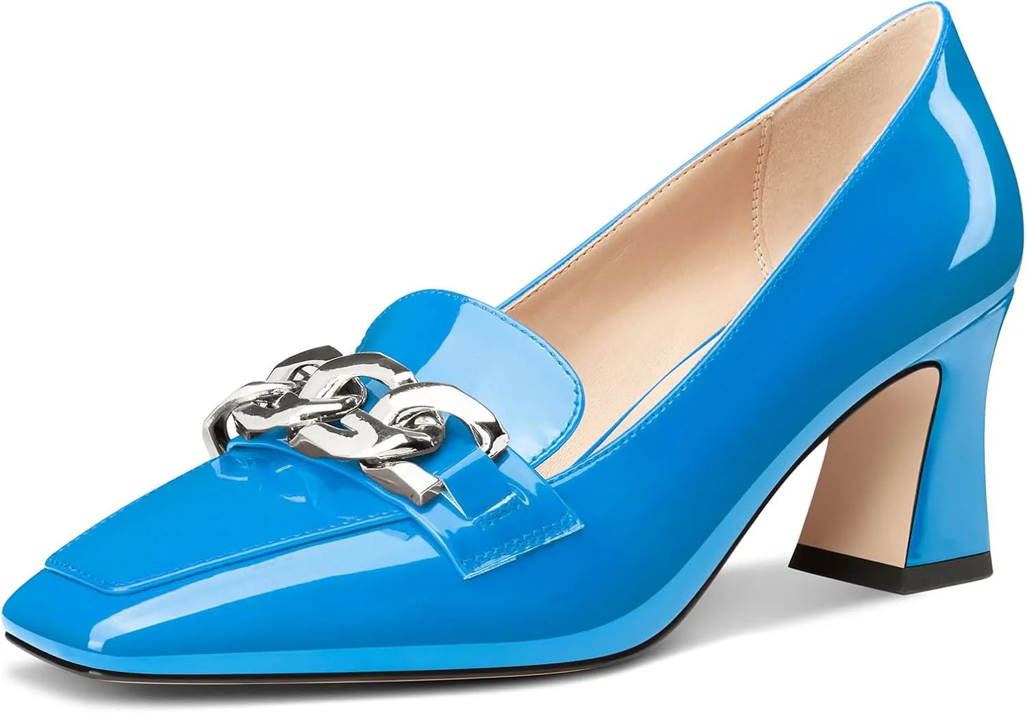 HDEUOLM Womens Heeled Loafers for Women Chunky Block Mid Heel Square Toe Pumps Loafers Shoes Slip-on Metal Chain Office Classic 2.8 Inches Heels