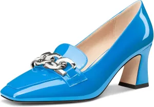 HDEUOLM Womens Heeled Loafers for Women Chunky Block Mid Heel Square Toe Pumps Loafers Shoes Slip-on Metal Chain Office Classic 2.8 Inches Heels