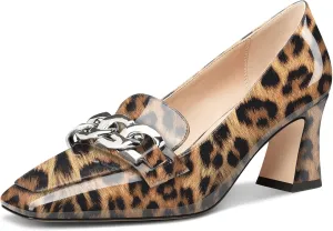 HDEUOLM Womens Heeled Loafers for Women Chunky Block Mid Heel Square Toe Pumps Loafers Shoes Slip-on Metal Chain Office Classic 2.8 Inches Heels