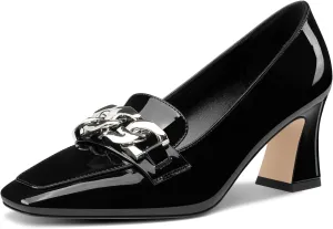 HDEUOLM Womens Heeled Loafers for Women Chunky Block Mid Heel Square Toe Pumps Loafers Shoes Slip-on Metal Chain Office Classic 2.8 Inches Heels
