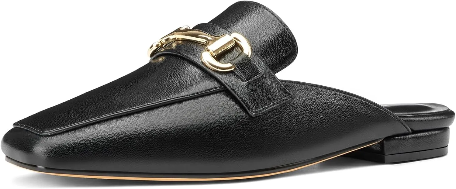 HDEUOLM Womens Low Heel Square Toe Pumps Flats Loafers Mules Shoes Backless Slip-on Buckle Casual Cute Shoes