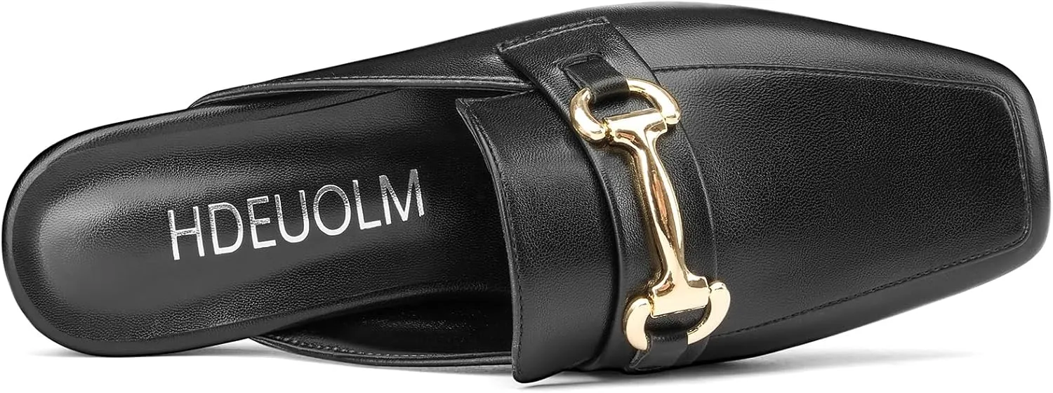 HDEUOLM Womens Low Heel Square Toe Pumps Flats Loafers Mules Shoes Backless Slip-on Buckle Casual Cute Shoes