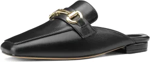 HDEUOLM Womens Low Heel Square Toe Pumps Flats Loafers Mules Shoes Backless Slip-on Buckle Casual Cute Shoes