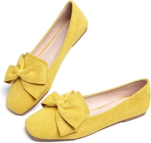 Hee grand Bowknot Ballet Flats for Women Square Toe Dressy Shoes Suede Comfort Slip-On Loafers Casual Women's Flats