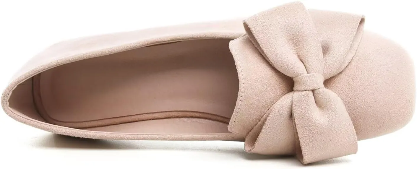 Hee grand Bowknot Ballet Flats for Women Square Toe Dressy Shoes Suede Comfort Slip-On Loafers Casual Women's Flats