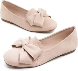 Hee grand Bowknot Ballet Flats for Women Square Toe Dressy Shoes Suede Comfort Slip-On Loafers Casual Women's Flats