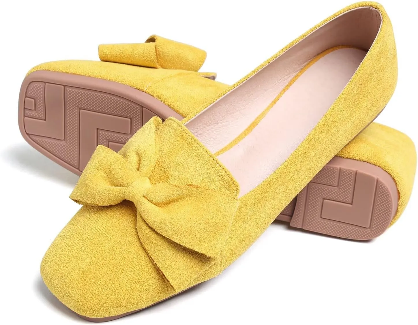 Hee grand Bowknot Ballet Flats for Women Square Toe Dressy Shoes Suede Comfort Slip-On Loafers Casual Women's Flats