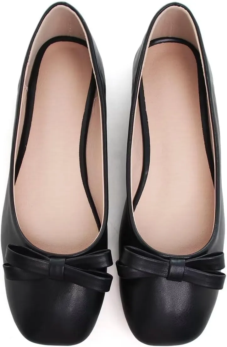 Hee grand Womens Bowknot Square Toe Ballet Flats Casual Slip-On Loafers Comfort Light Weight Walking Flats PU Leather Dress Shoes