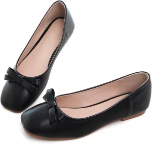 Hee grand Womens Bowknot Square Toe Ballet Flats Casual Slip-On Loafers Comfort Light Weight Walking Flats PU Leather Dress Shoes