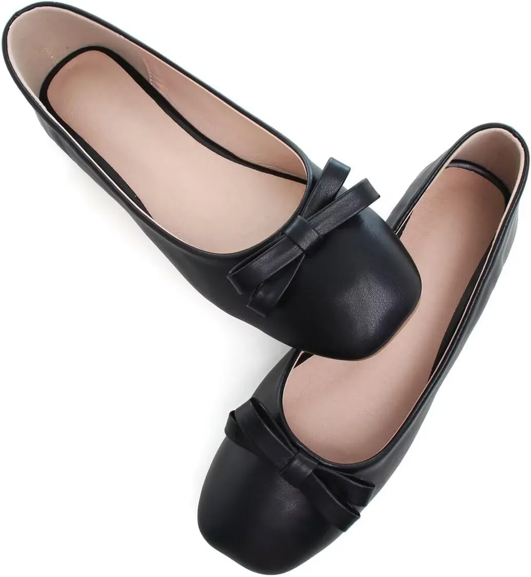 Hee grand Womens Bowknot Square Toe Ballet Flats Casual Slip-On Loafers Comfort Light Weight Walking Flats PU Leather Dress Shoes