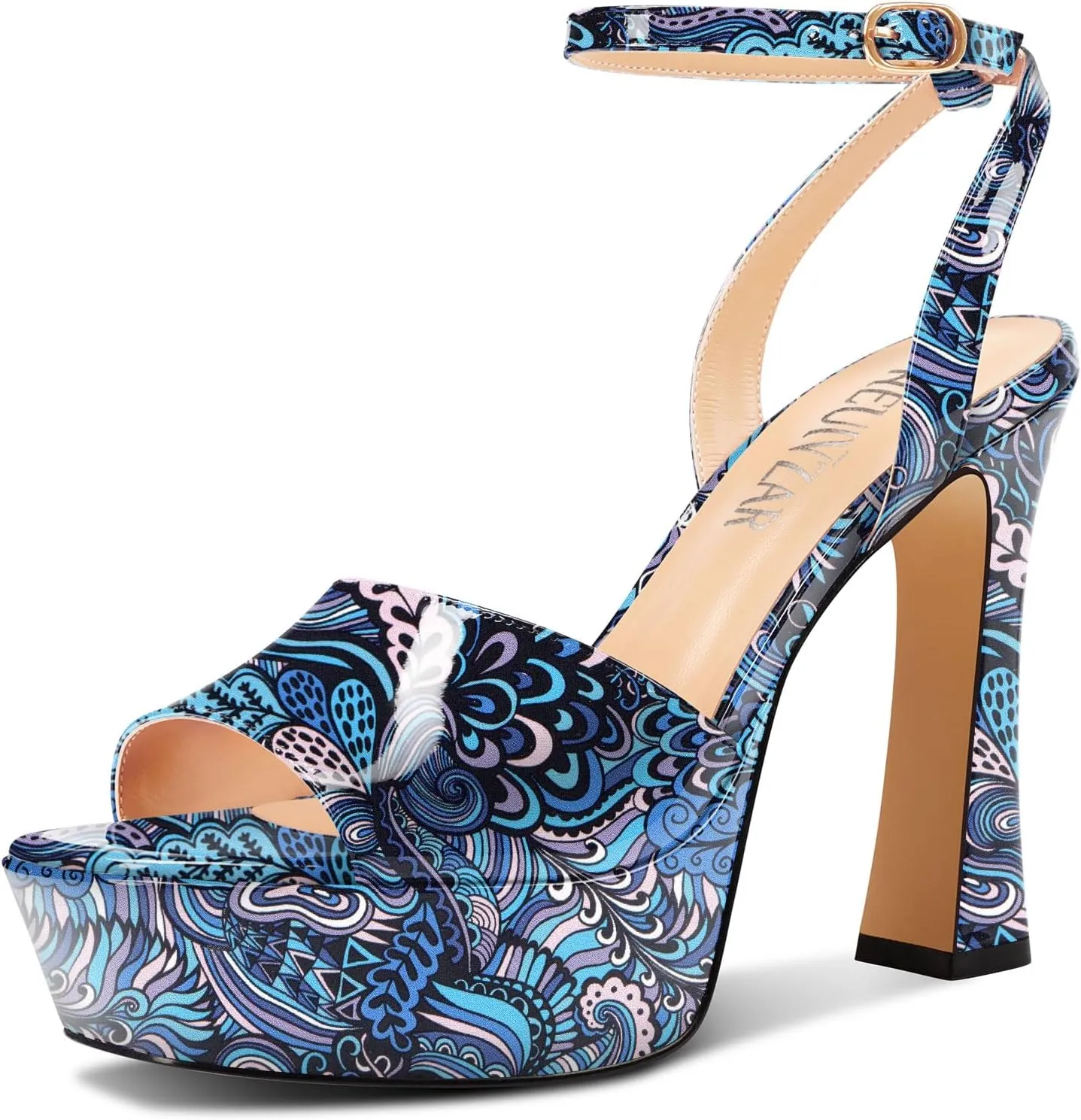 HEUIVZAR Womens Peep Open Square Toe Stiletto High Heel Ankle Strap Platform Sandals Prom Dress Shoes Patent Leather 4.7 Inches Heels