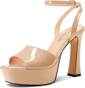 HEUIVZAR Womens Peep Open Square Toe Stiletto High Heel Ankle Strap Platform Sandals Prom Dress Shoes Patent Leather 4.7 Inches Heels