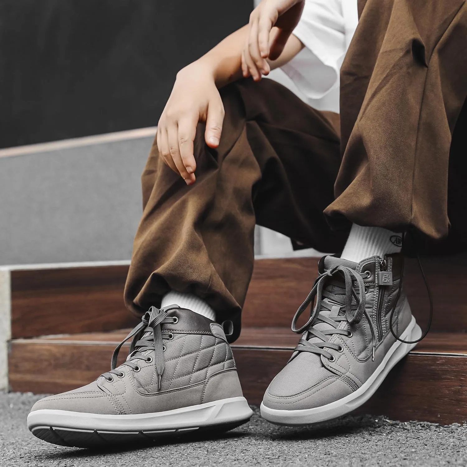 High-Top Men’s Casual Shoes - Genuine Microfiber Suede Boots with Side Zipper, Lightweight Flexible Sole, Well-Cushioned Breathable and Removable Insoles