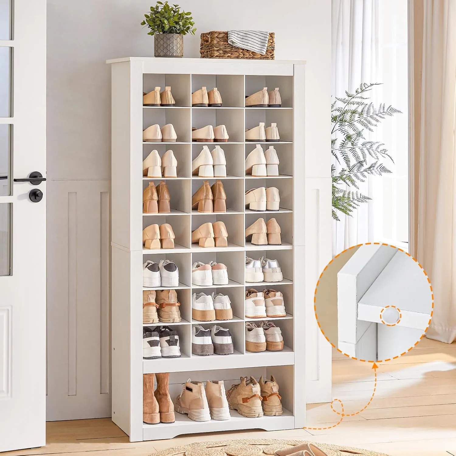 HOOBRO Tall Shoe Cabinet, 9 Tier Shoe Storage Cabinet, Freestanding Wooden Shoe Cabinet Organizer with 24 Cubbies and 3 Hooks, for Entryway, Closet, Living Room, White WT24SC01