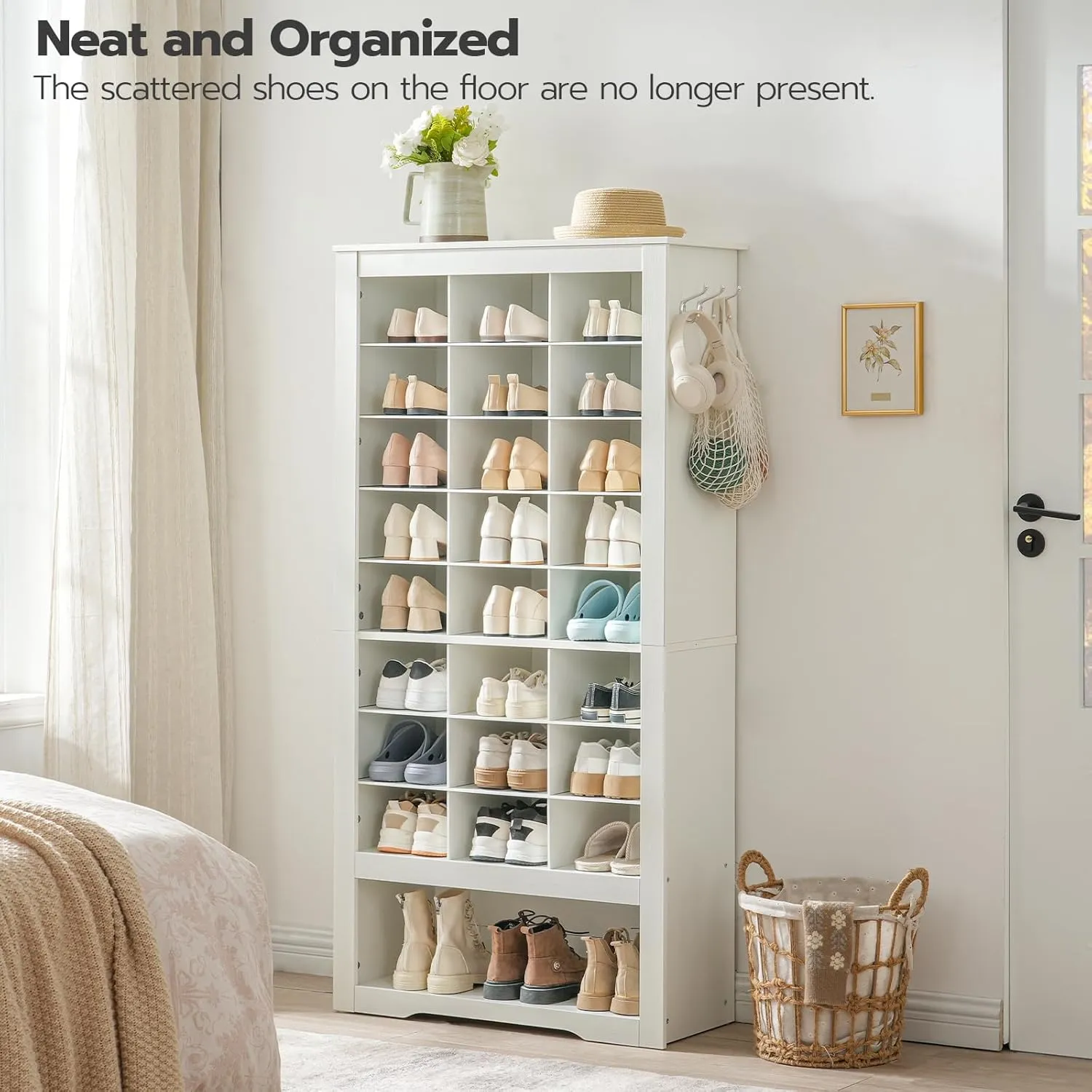 HOOBRO Tall Shoe Cabinet, 9 Tier Shoe Storage Cabinet, Freestanding Wooden Shoe Cabinet Organizer with 24 Cubbies and 3 Hooks, for Entryway, Closet, Living Room, White WT24SC01
