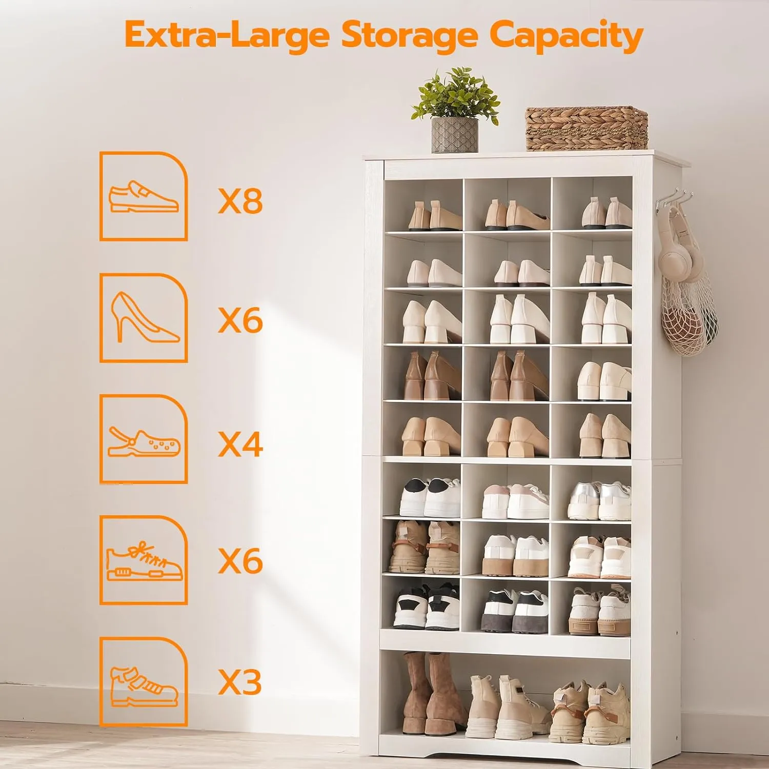 HOOBRO Tall Shoe Cabinet, 9 Tier Shoe Storage Cabinet, Freestanding Wooden Shoe Cabinet Organizer with 24 Cubbies and 3 Hooks, for Entryway, Closet, Living Room, White WT24SC01