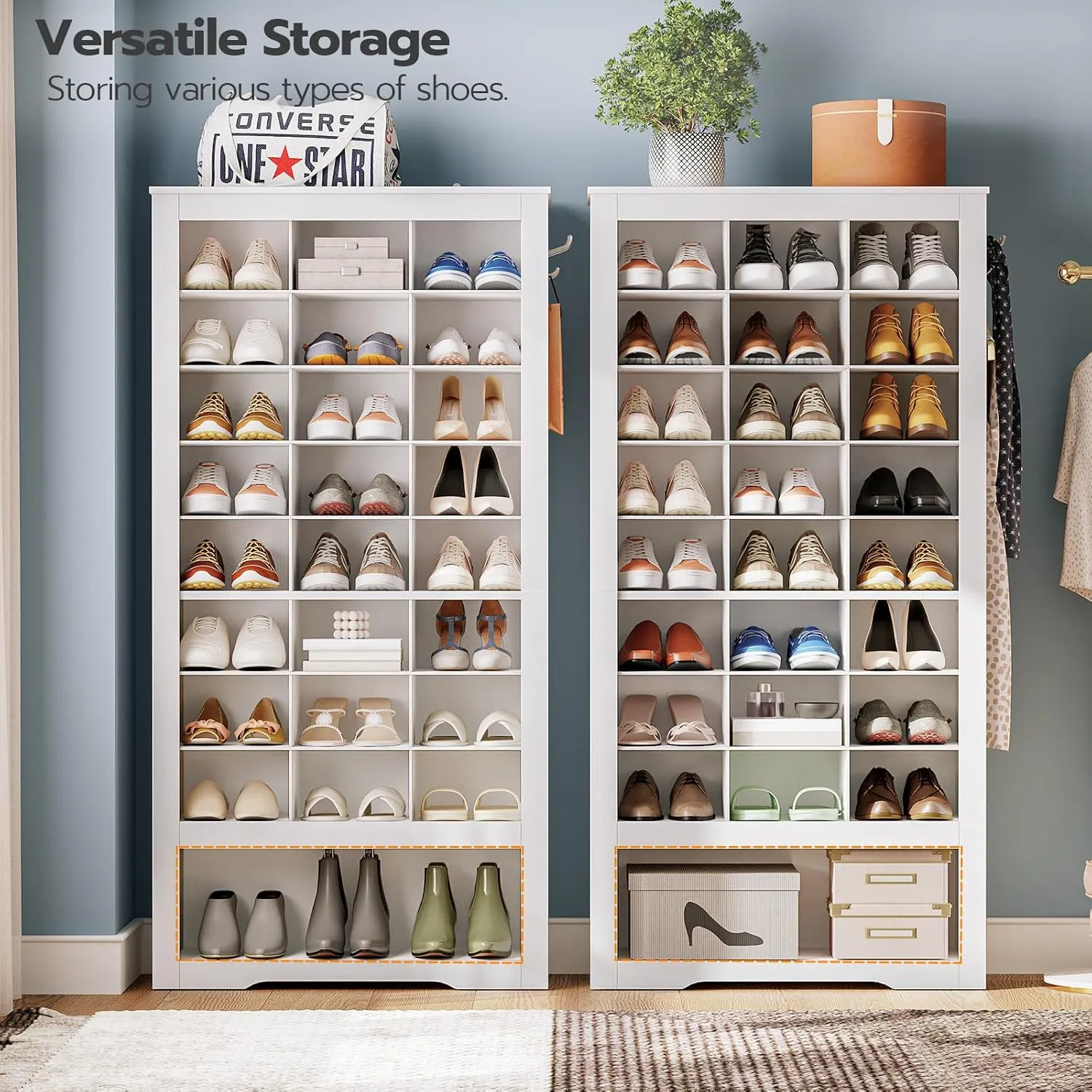 HOOBRO Tall Shoe Cabinet, 9 Tier Shoe Storage Cabinet, Freestanding Wooden Shoe Cabinet Organizer with 24 Cubbies and 3 Hooks, for Entryway, Closet, Living Room, White WT24SC01
