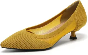 HROYL Women's Knit Pumps Kitten Heels Pointed Toe Slip On Comfortable Casual Formal Dress Shoes