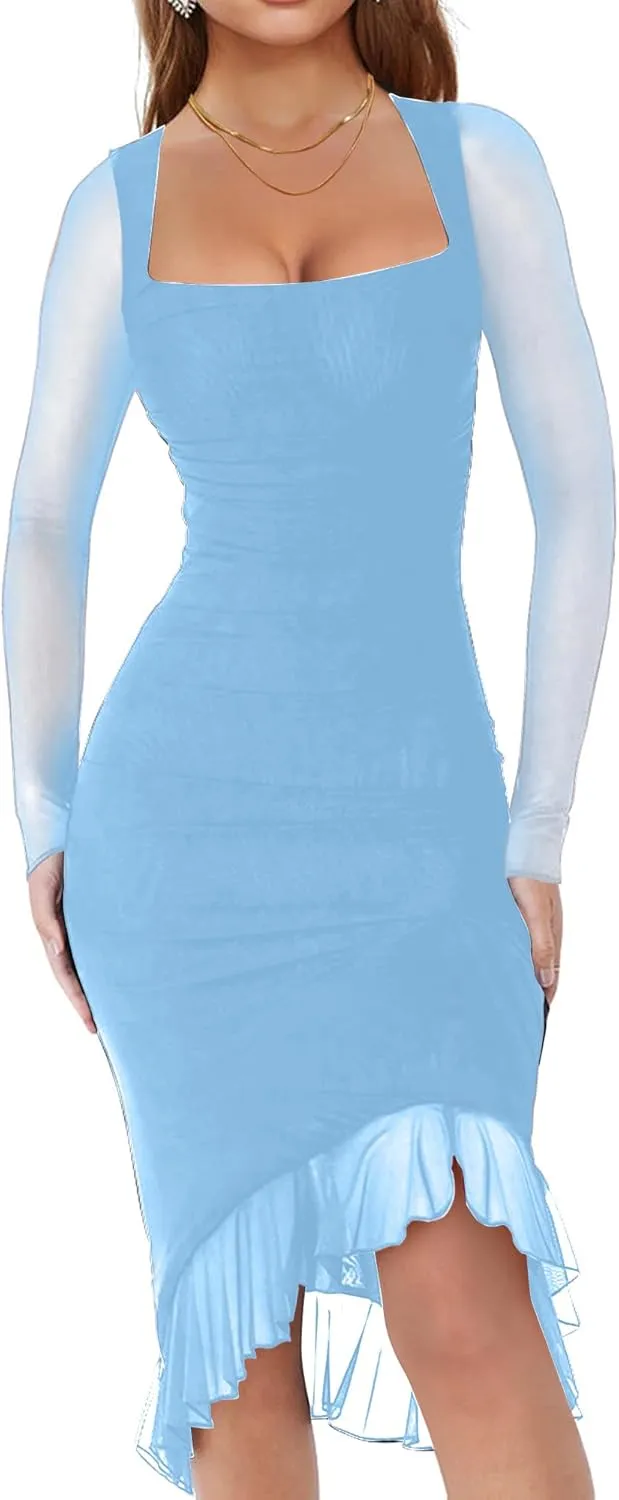 HYPERFIRE Women's Sexy Ruched Bodycon Dress Square Neck Long Sleeve Ruffle Hem Mini Dresses Club Party