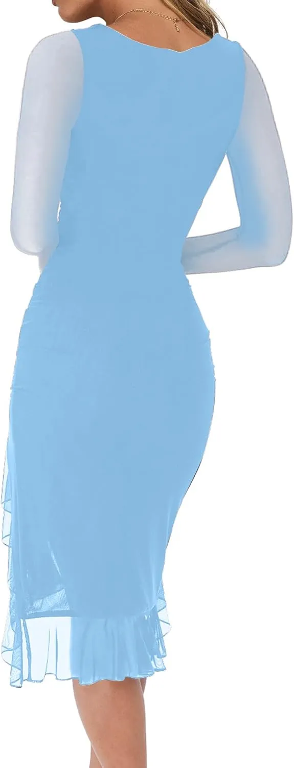 HYPERFIRE Women's Sexy Ruched Bodycon Dress Square Neck Long Sleeve Ruffle Hem Mini Dresses Club Party