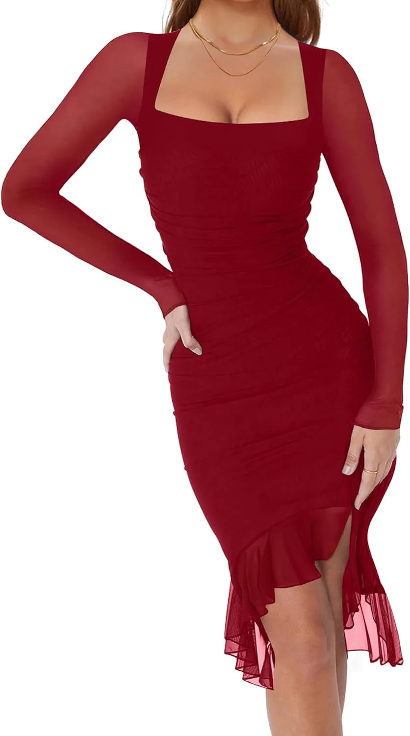 HYPERFIRE Women's Sexy Ruched Bodycon Dress Square Neck Long Sleeve Ruffle Hem Mini Dresses Club Party