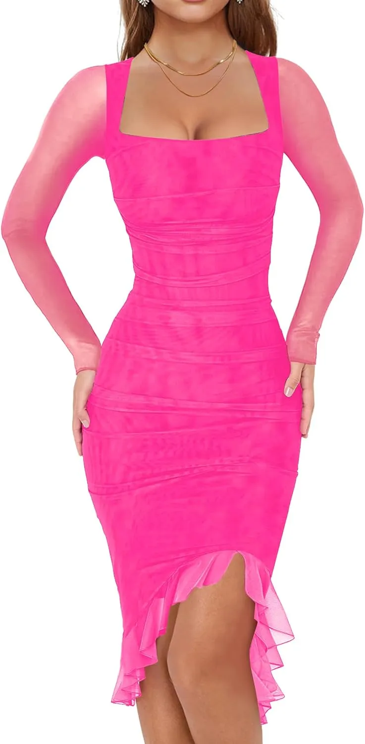 HYPERFIRE Women's Sexy Ruched Bodycon Dress Square Neck Long Sleeve Ruffle Hem Mini Dresses Club Party