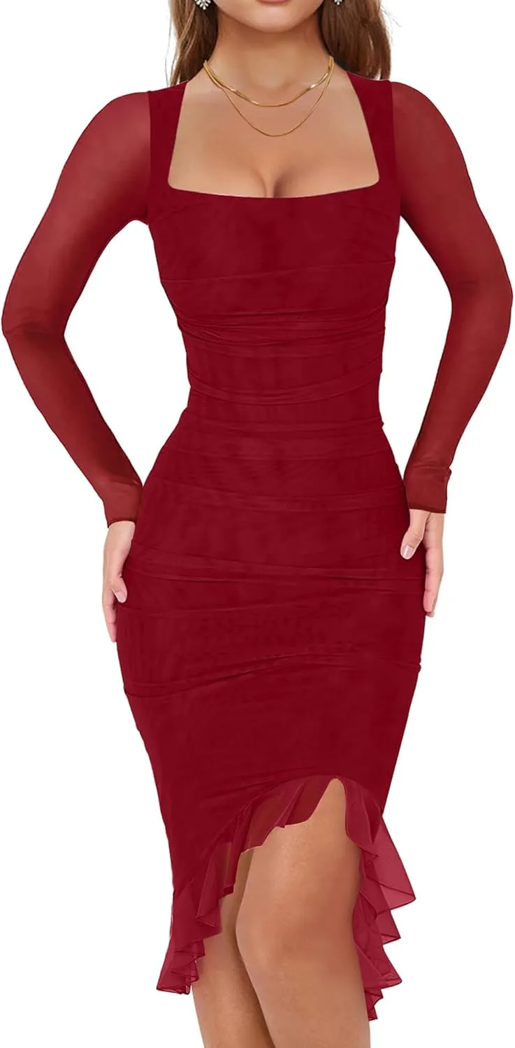HYPERFIRE Women's Sexy Ruched Bodycon Dress Square Neck Long Sleeve Ruffle Hem Mini Dresses Club Party