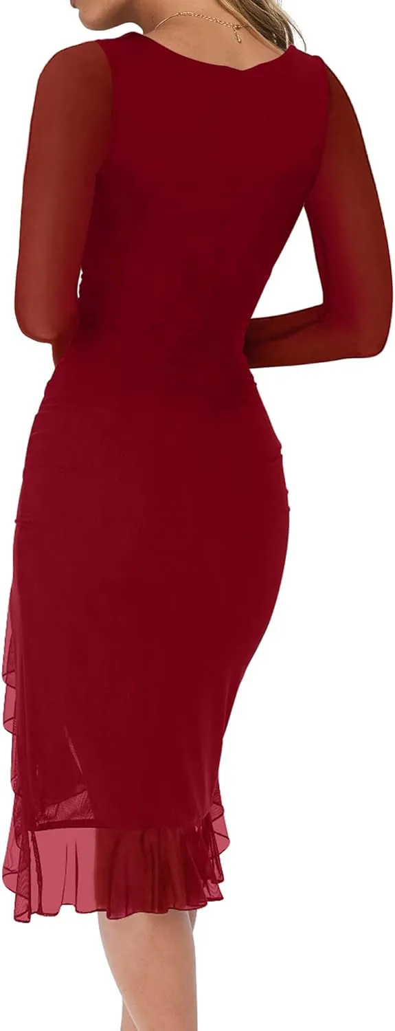 HYPERFIRE Women's Sexy Ruched Bodycon Dress Square Neck Long Sleeve Ruffle Hem Mini Dresses Club Party
