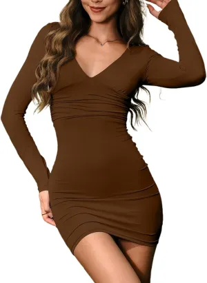 HYPERFIRE Women's Sexy V Neck Long Sleeve Ruched Bodycon Dress Tight Short Going Out Dresses Club