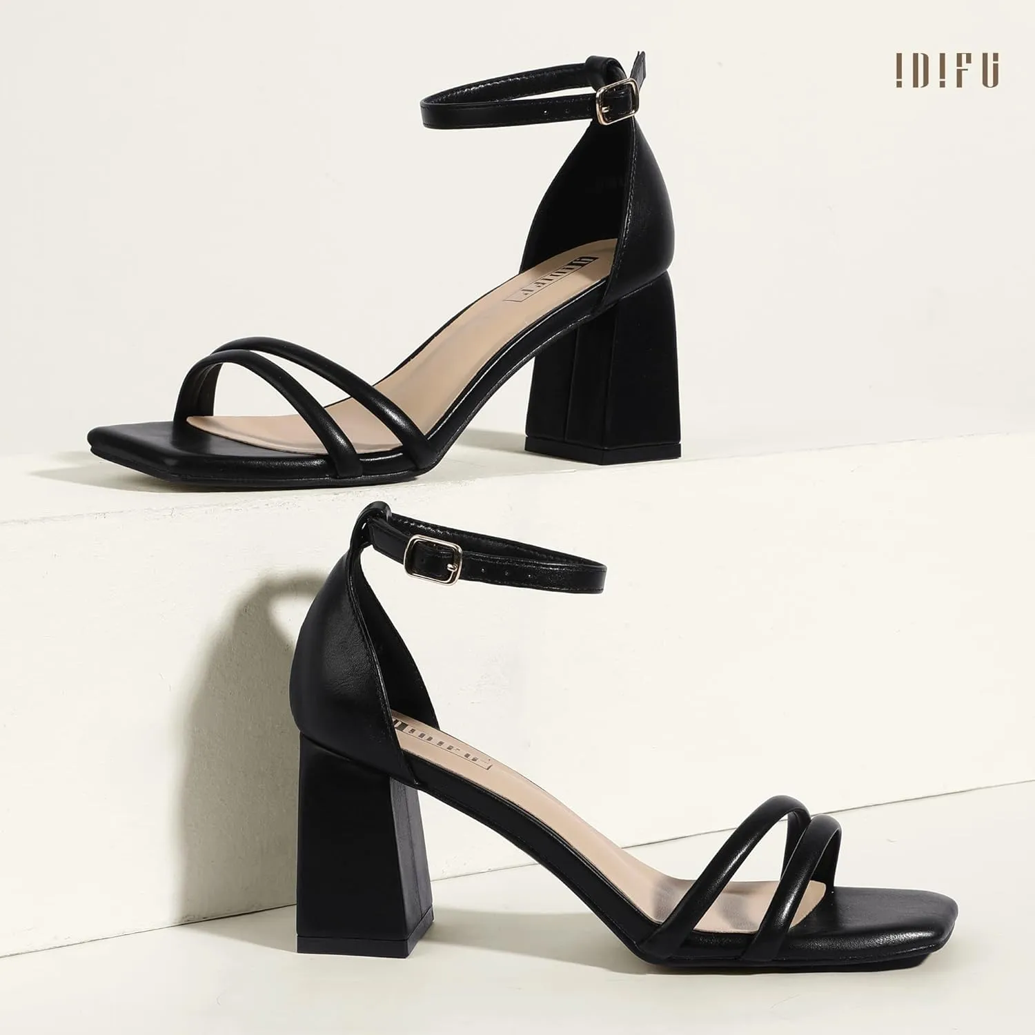IDIFU IN3 Strappy Chunky Block Low Square Open Toe Heels Dress Shoes for Women Dressy Wedding Prom Bridal Bridesmaid Shoes Ankle Strap Heeled Sandals Comfortable Cute Trendy Short Thick Heels