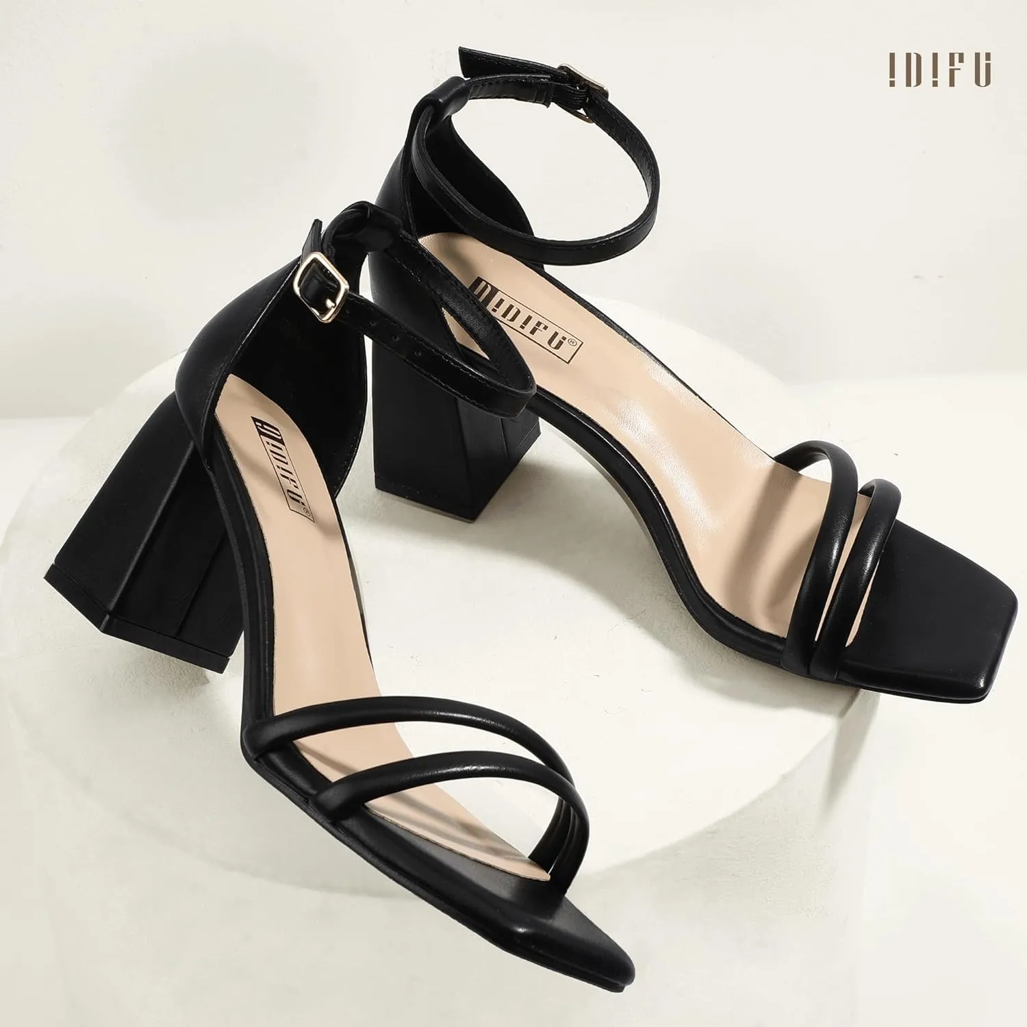 IDIFU IN3 Strappy Chunky Block Low Square Open Toe Heels Dress Shoes for Women Dressy Wedding Prom Bridal Bridesmaid Shoes Ankle Strap Heeled Sandals Comfortable Cute Trendy Short Thick Heels