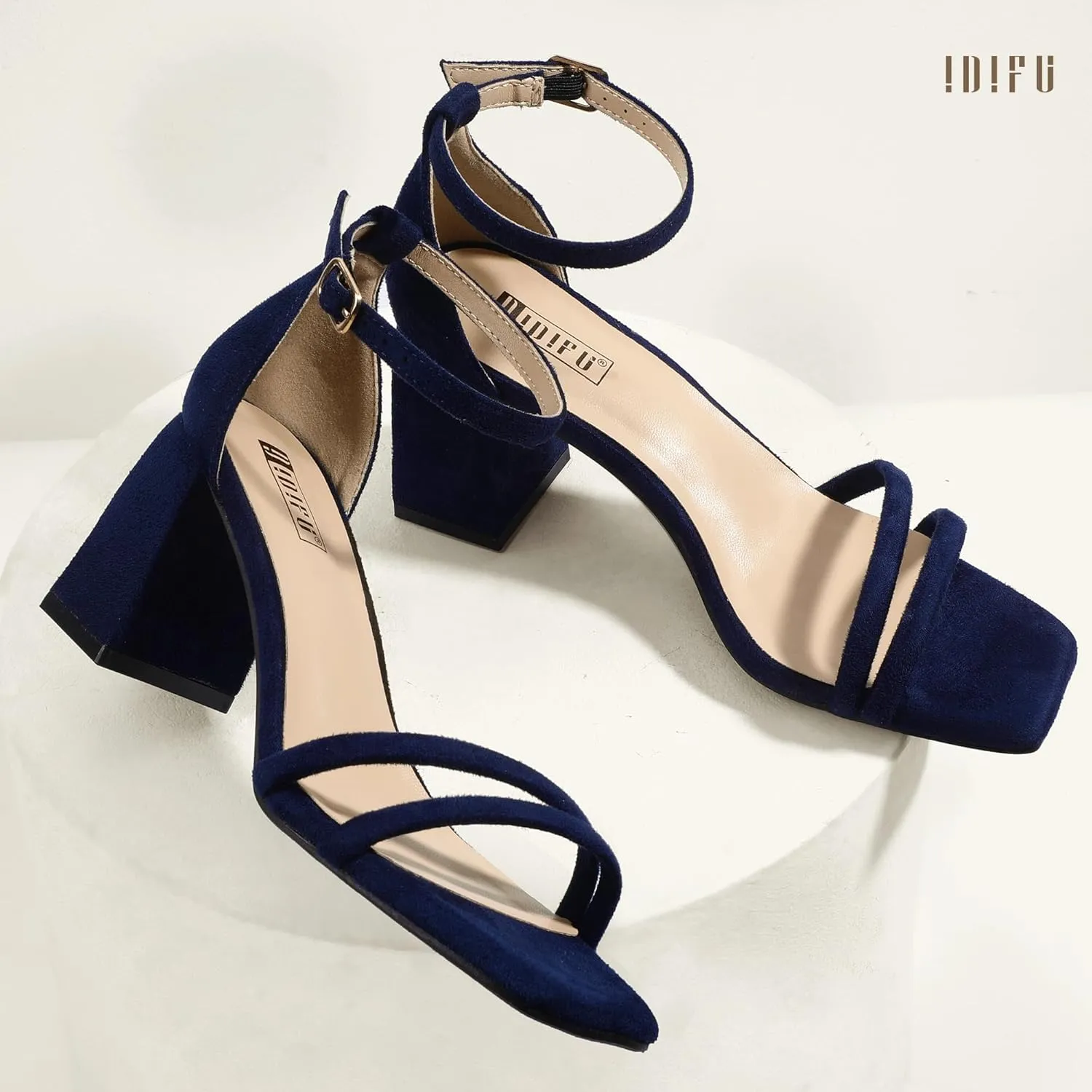 IDIFU IN3 Strappy Chunky Block Low Square Open Toe Heels Dress Shoes for Women Dressy Wedding Prom Bridal Bridesmaid Shoes Ankle Strap Heeled Sandals Comfortable Cute Trendy Short Thick Heels