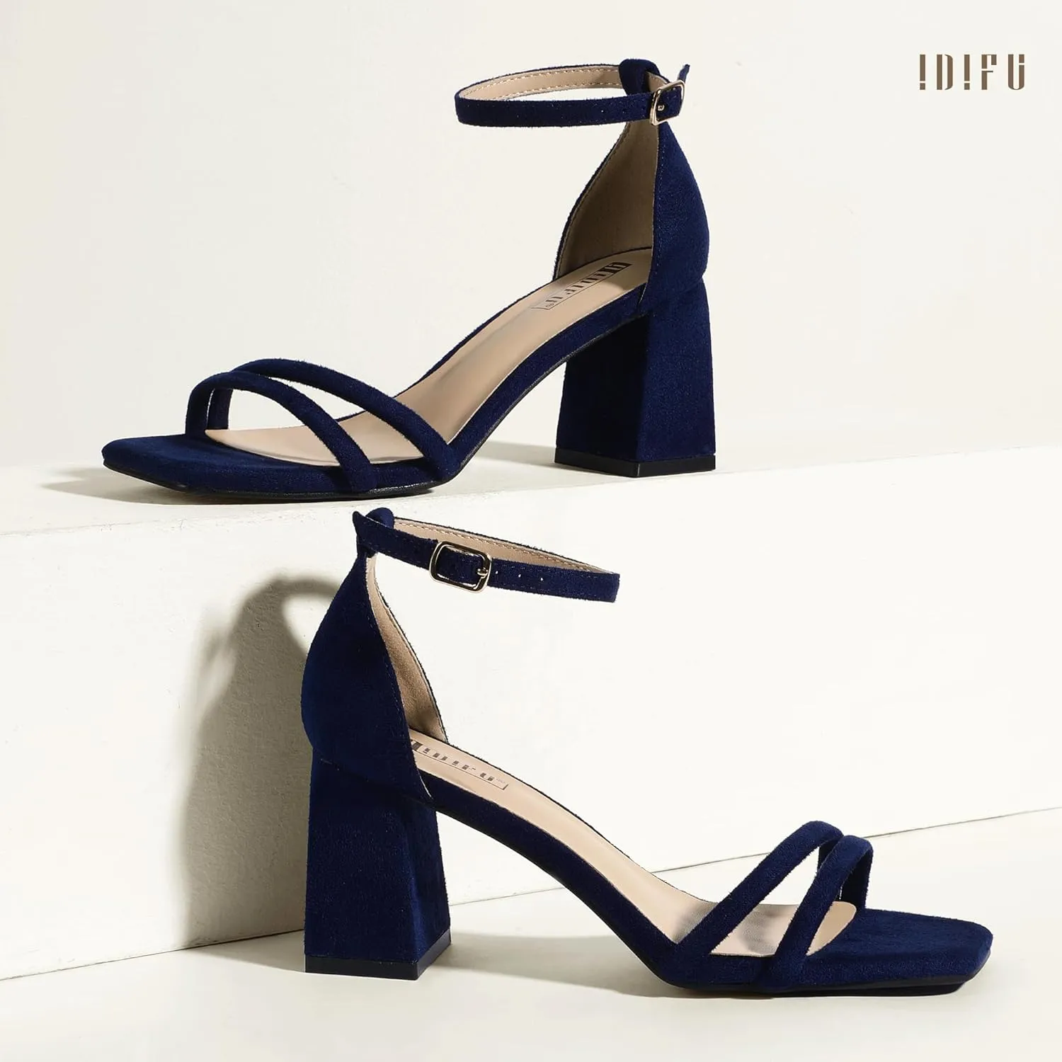 IDIFU IN3 Strappy Chunky Block Low Square Open Toe Heels Dress Shoes for Women Dressy Wedding Prom Bridal Bridesmaid Shoes Ankle Strap Heeled Sandals Comfortable Cute Trendy Short Thick Heels