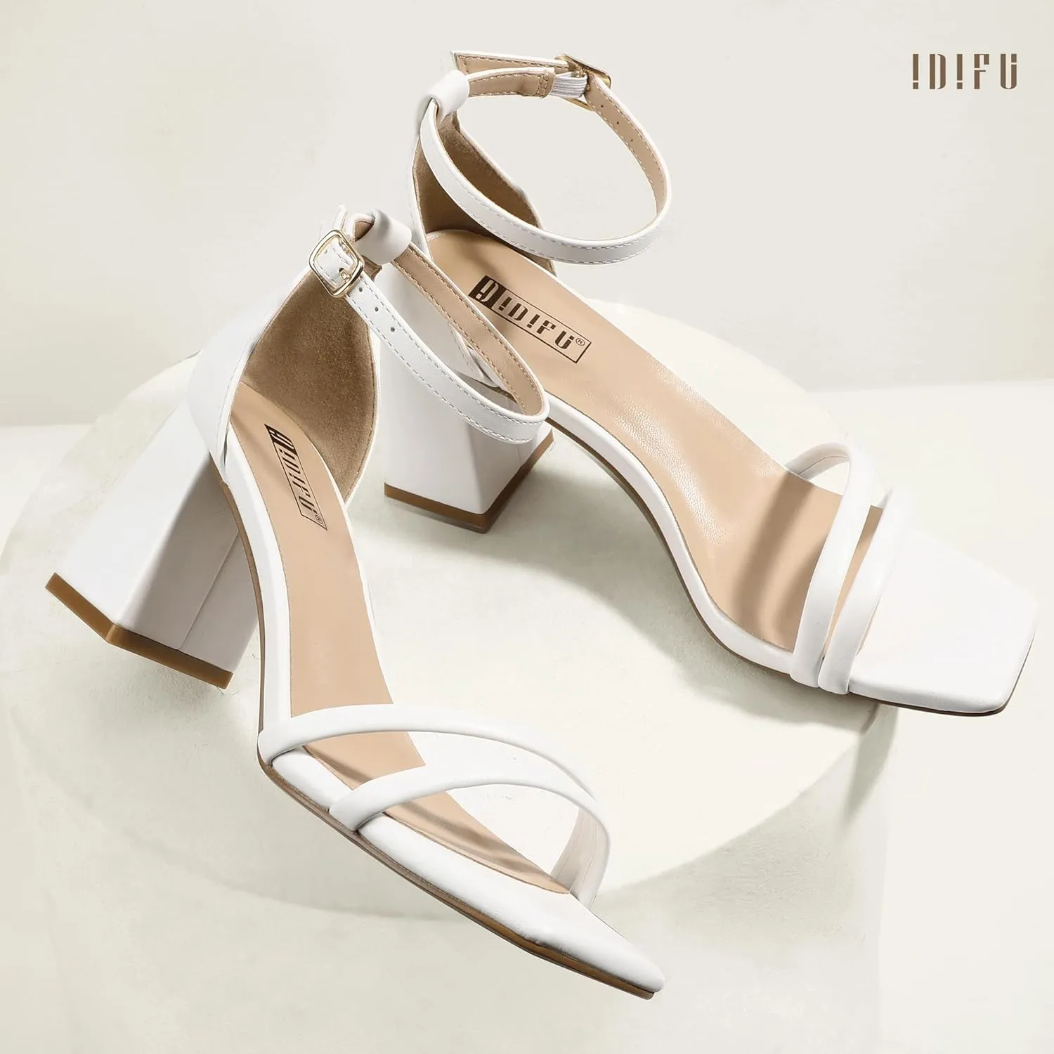 IDIFU IN3 Strappy Chunky Block Low Square Open Toe Heels Dress Shoes for Women Dressy Wedding Prom Bridal Bridesmaid Shoes Ankle Strap Heeled Sandals Comfortable Cute Trendy Short Thick Heels