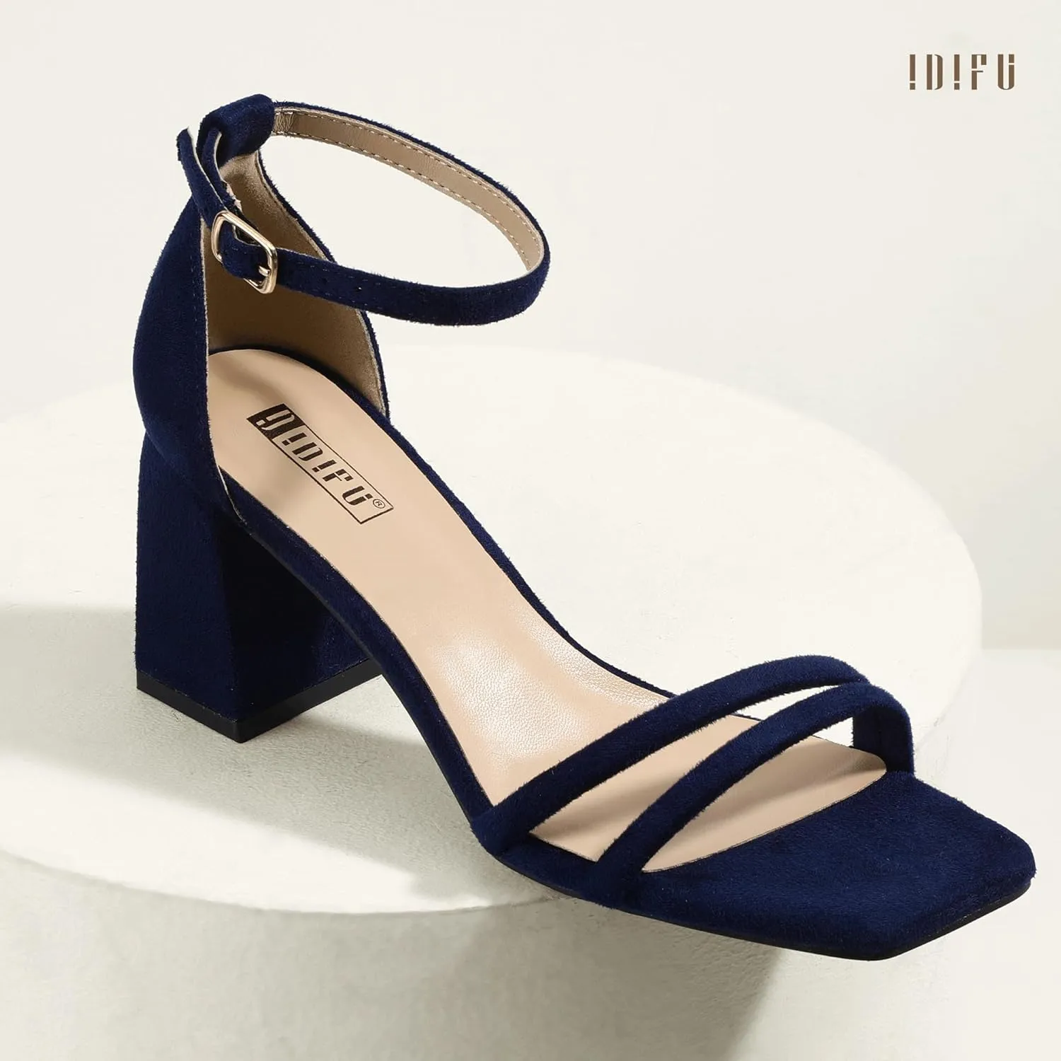 IDIFU IN3 Strappy Chunky Block Low Square Open Toe Heels Dress Shoes for Women Dressy Wedding Prom Bridal Bridesmaid Shoes Ankle Strap Heeled Sandals Comfortable Cute Trendy Short Thick Heels