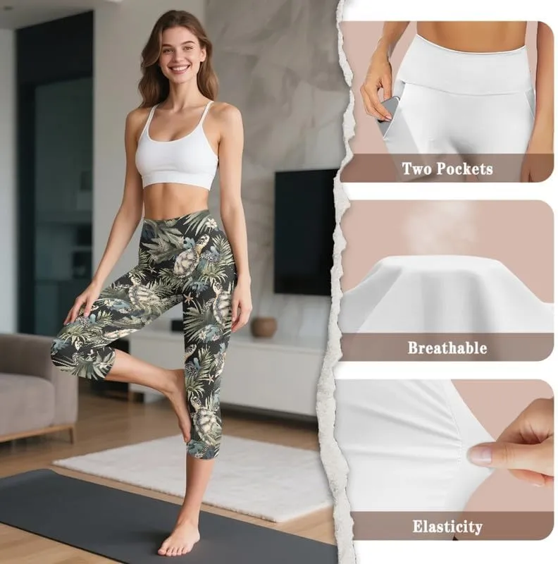 Irisjudy Capri Leggings with Pockets for Women Crow Rose High Waist Tummy Control Yoga Pants Maple Leaves Workout Yoga Pants