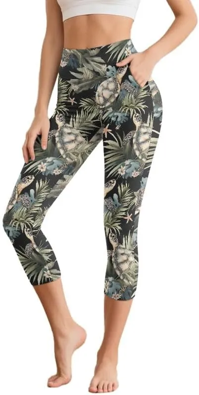 Irisjudy Capri Leggings with Pockets for Women Crow Rose High Waist Tummy Control Yoga Pants Maple Leaves Workout Yoga Pants